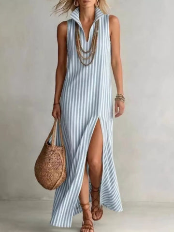 Full Size Striped Maxi Dress with High Slit Plus Size