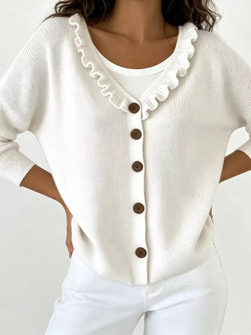 Ruffled Neckline Button-Up Cardigan
