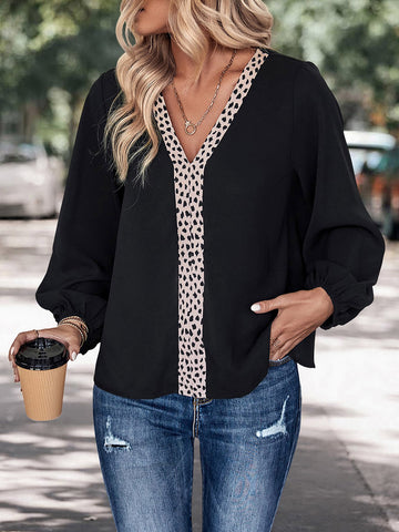 Perfee Contrast V Neck Long Sleeve Blouse