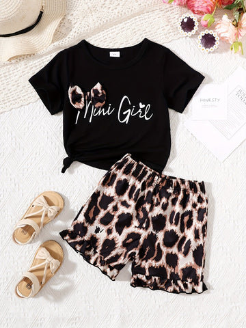 Children's Bow Round Neck Tee and Leopard Shorts Set