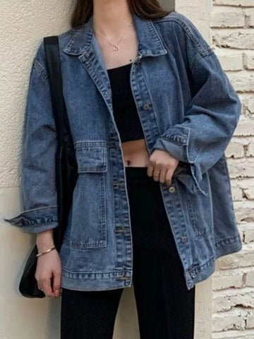 Oversized Wash Denim Jacket with Utility Pockets