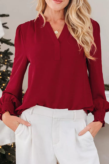 Notched Neck Shirred Cuff Long Sleeve Blouse