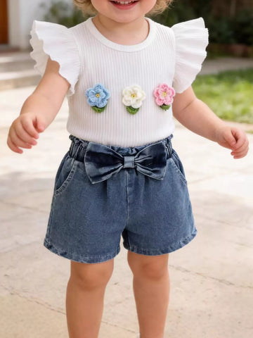 Children's Ruffled Flower Top and Denim Shorts Set