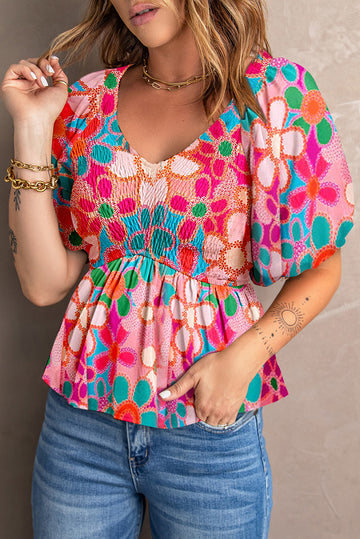 Printed V Neck Babydoll Blouse