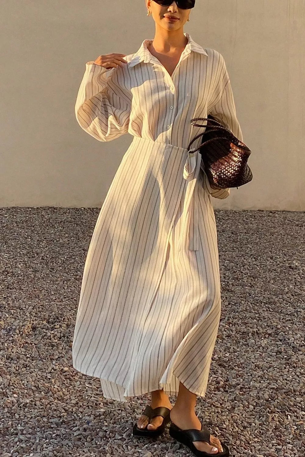 Striped Button-Down Shirt Dress with Waist Tie
