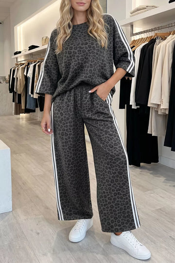 Leopard Print Varsity Striped Detail 3/4 Sleeve Top Shift Pant Set