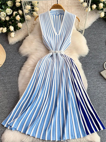 Striped Belted Sleeveless Midi Dress