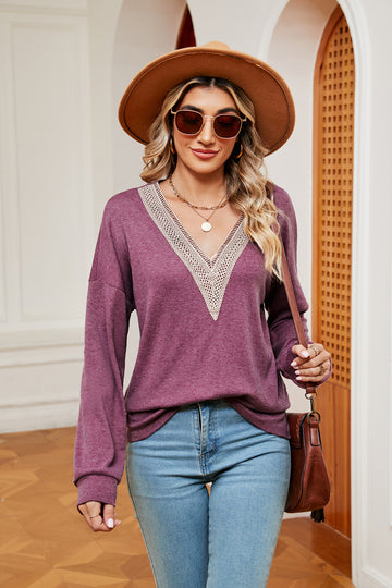 Contrast V Neck Long Sleeve Blouse