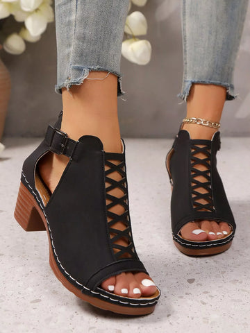 Crisscross Peep Toe Block Heels Sandals