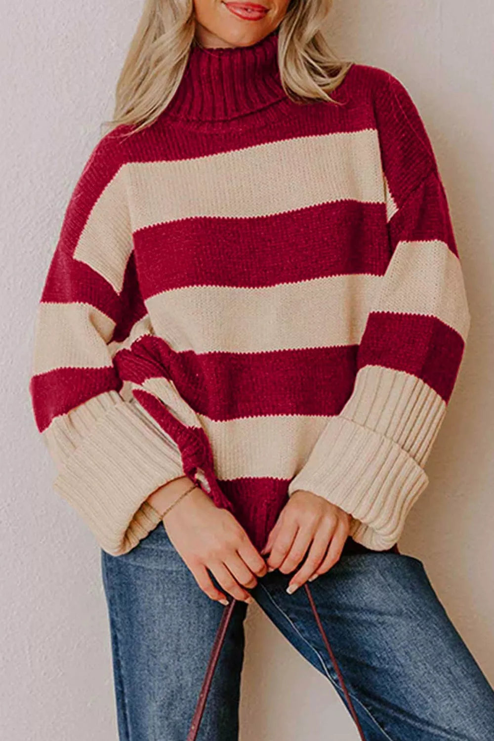 Stripe Ribbed Trim High Neck Relaxed Pullover Sweater