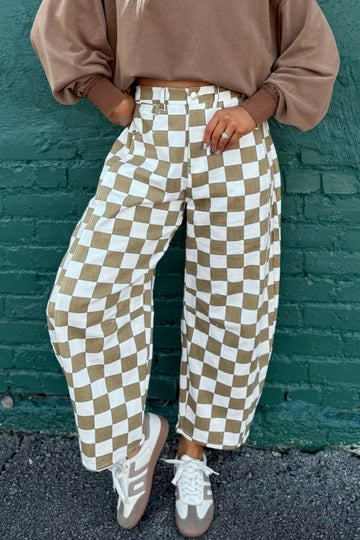 Checkered Print Denim Barrel Pants