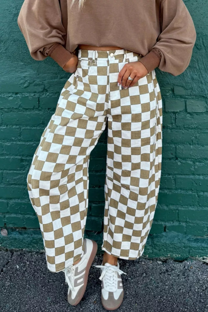 Checkered Print Denim Barrel Pants