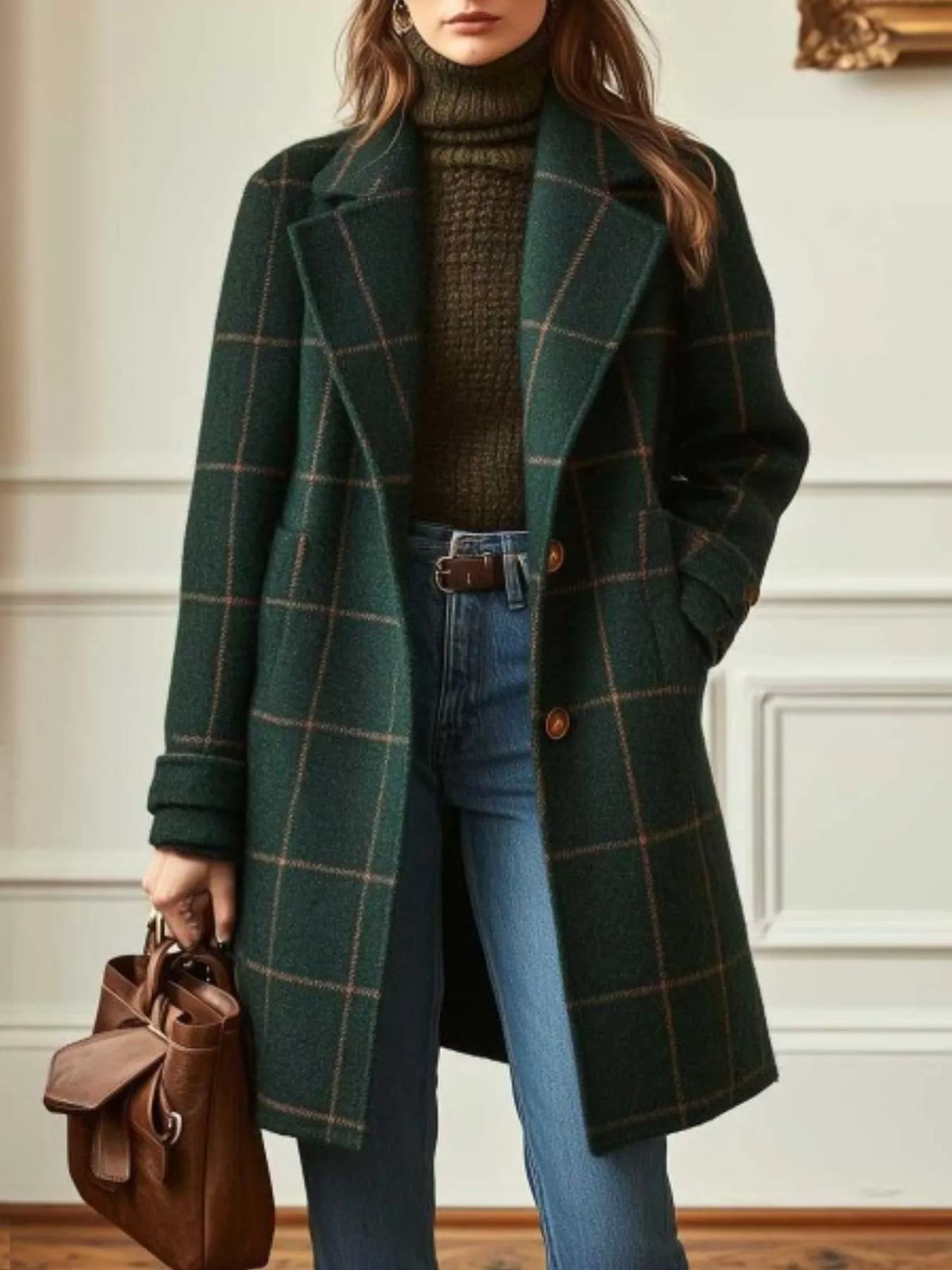 Full Size Plaid Lapel Collar Longline Single-Breasted Overcoat Plus Size