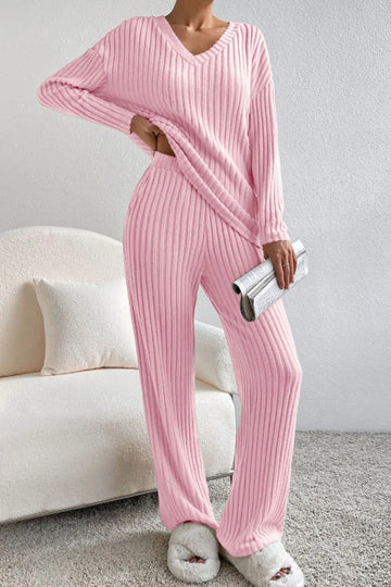 Ribbed V Neck Top and Pants Lounge Set