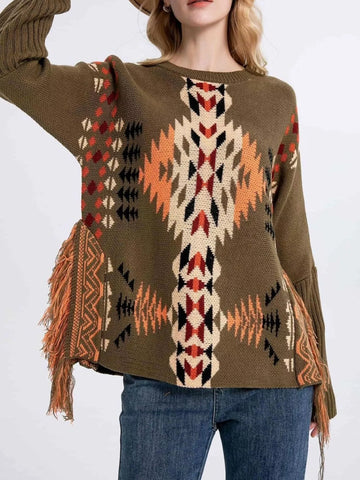 Geometric Pattern Fringe Sweater