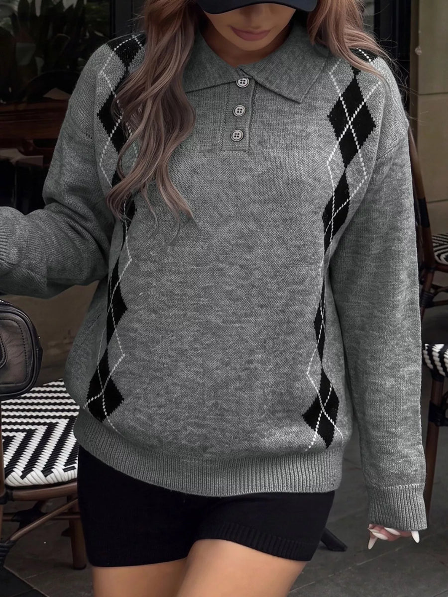 Argyle Patterned Polo Collar Sweater