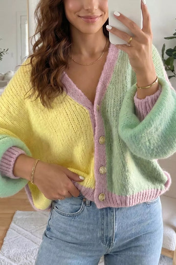 V Neck Drop Shoulder Patchwork Regular Wash Knitwear Cardigan