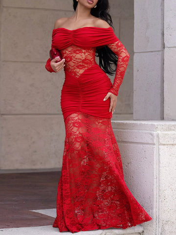 Off-Shoulder Ruched Lace Mermaid Maxi Dress