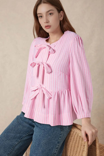 Tie Front Striped Peplum Blouse