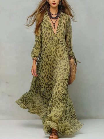 Full Size Leopard Print V-Neck Maxi Dress Plus Size