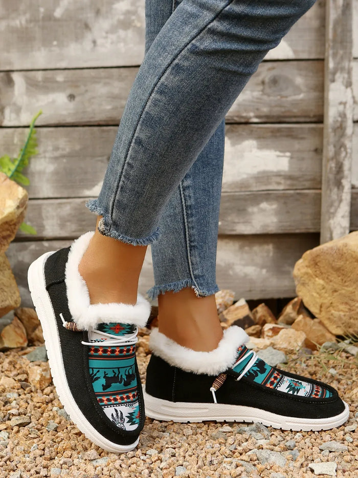 Printed Round Toe Flat Slip Ons