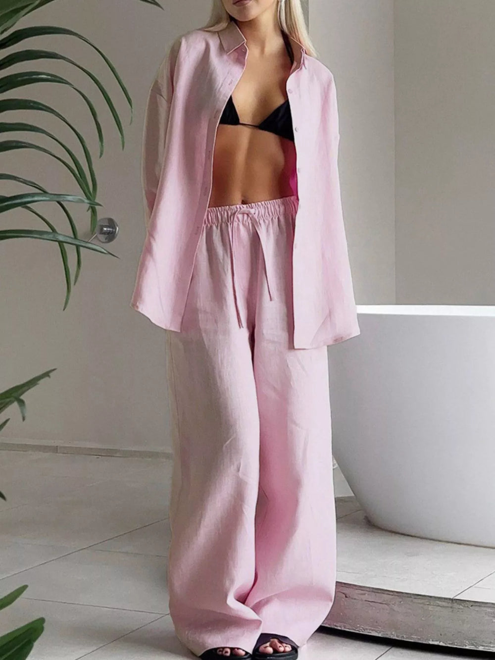 Relaxed Fit Button Up Shirt and Pants Two Piece Set