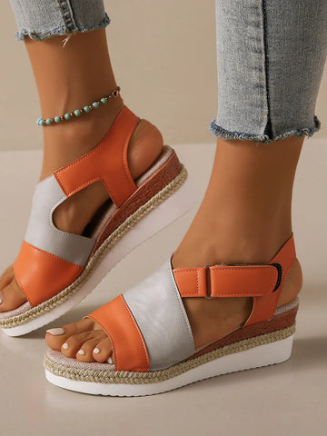Color Block Platform Wedge Sandals with Ankle Strap