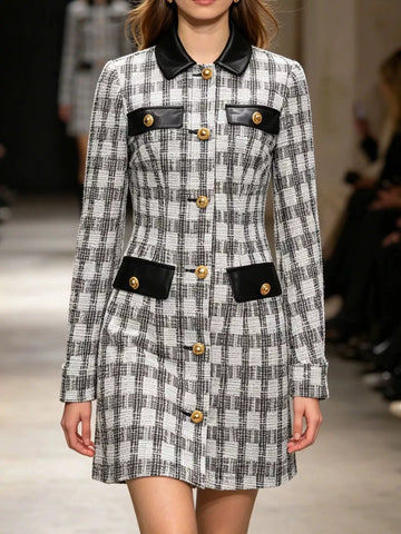 Long Sleeve Plaid Tweed Button-Down Mini Dress