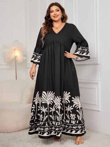 Honey Plus Size Printed V Neck Long Sleeve Maxi Dress