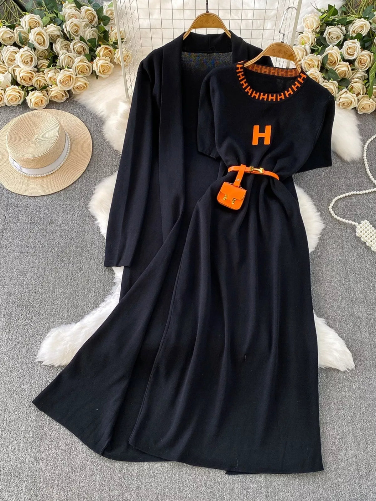 Round Neck Knitted Dress & Cardigan Set