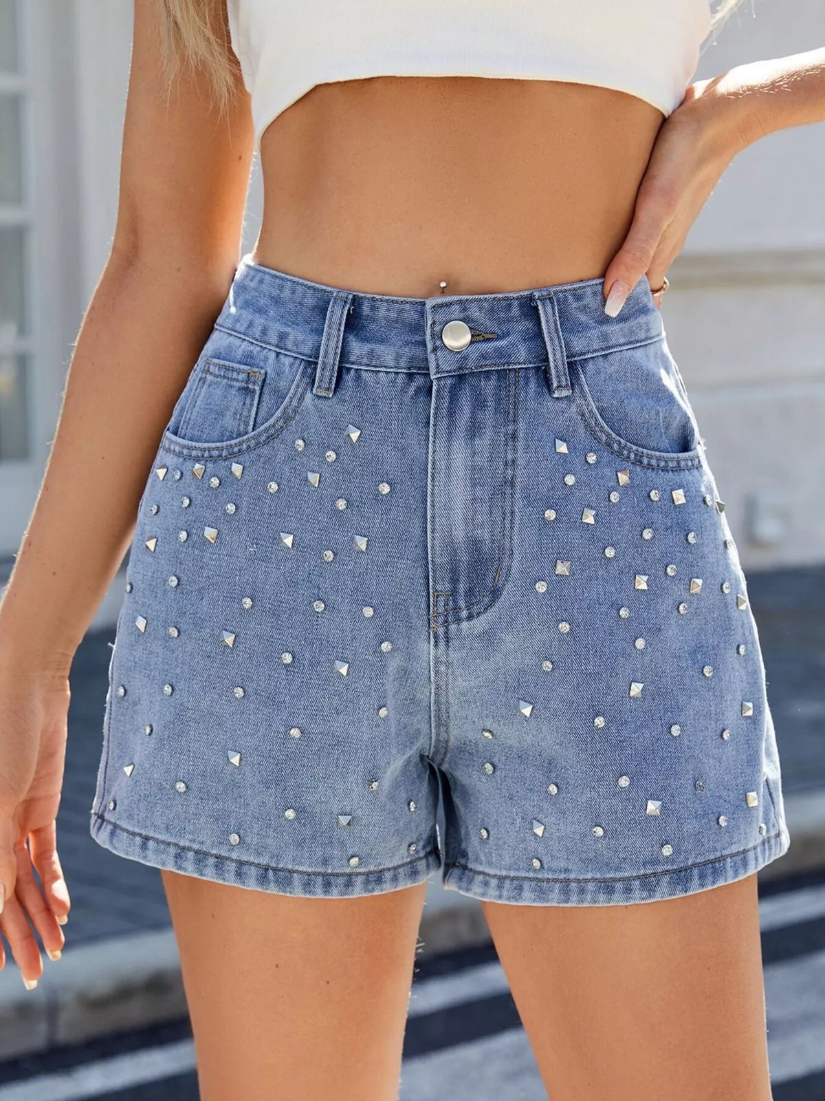 Studded High Waist Denim Shorts