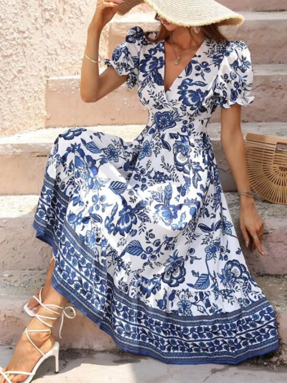 Floral Print Puff Sleeve Wrap Midi Dress