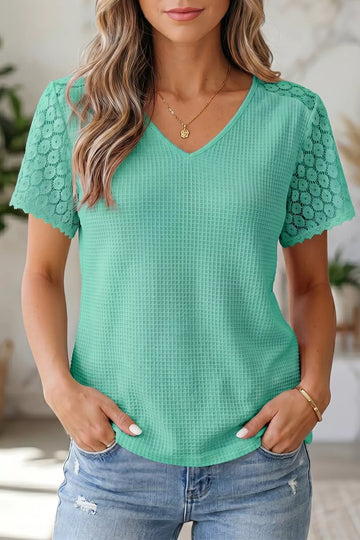 Lace Cutout Waffle Knit Blouse