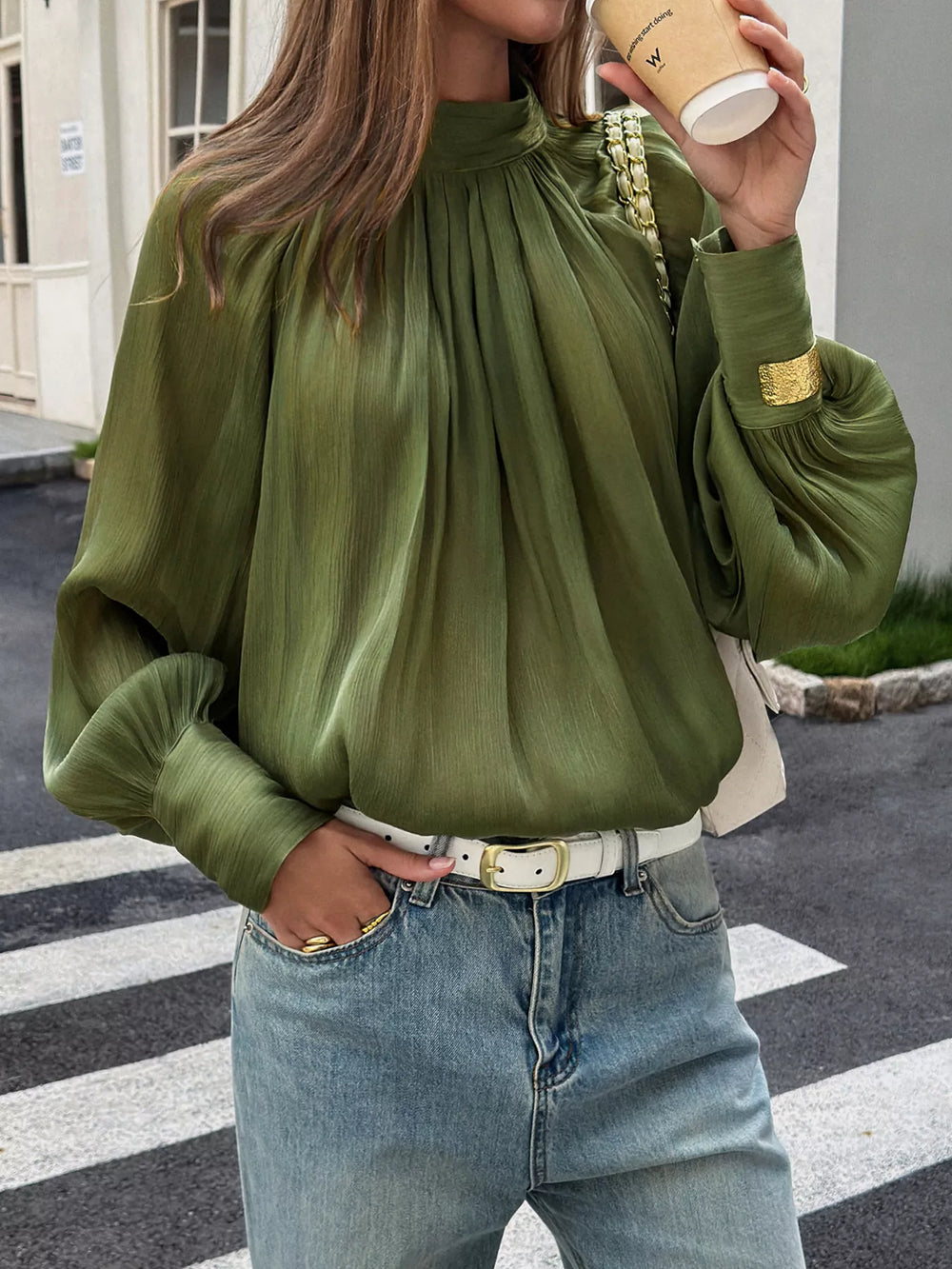 Mock Neck Lantern Sleeves Blouse
