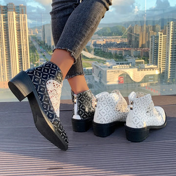 Printed Point Toe Block Heels Boots