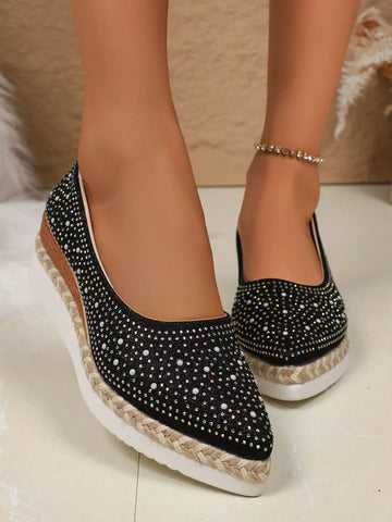 Rhinestone Point Toe Wedge Slip Ons