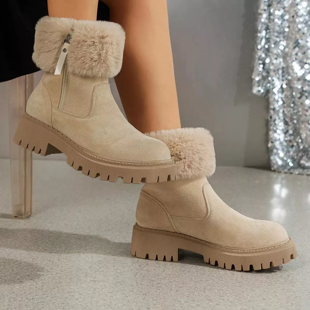 Side Zipper Fuzzy Boots selected from Shoe Spotlight for Step Into It: Shoes That Carry the Whole Look