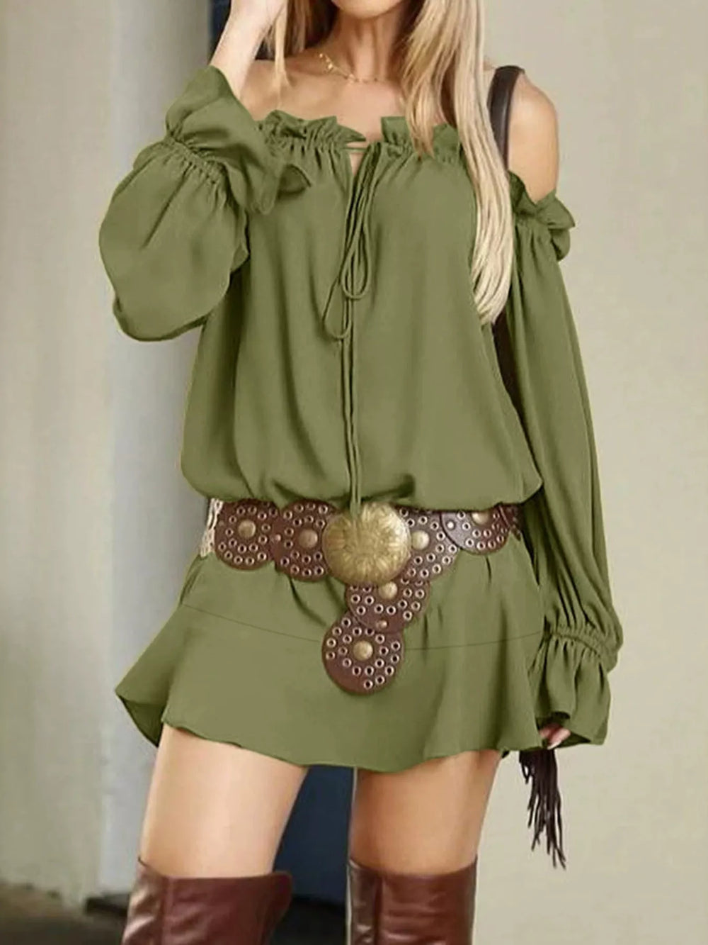 Off-Shoulder Long Sleeve Ruffle Mini Dress