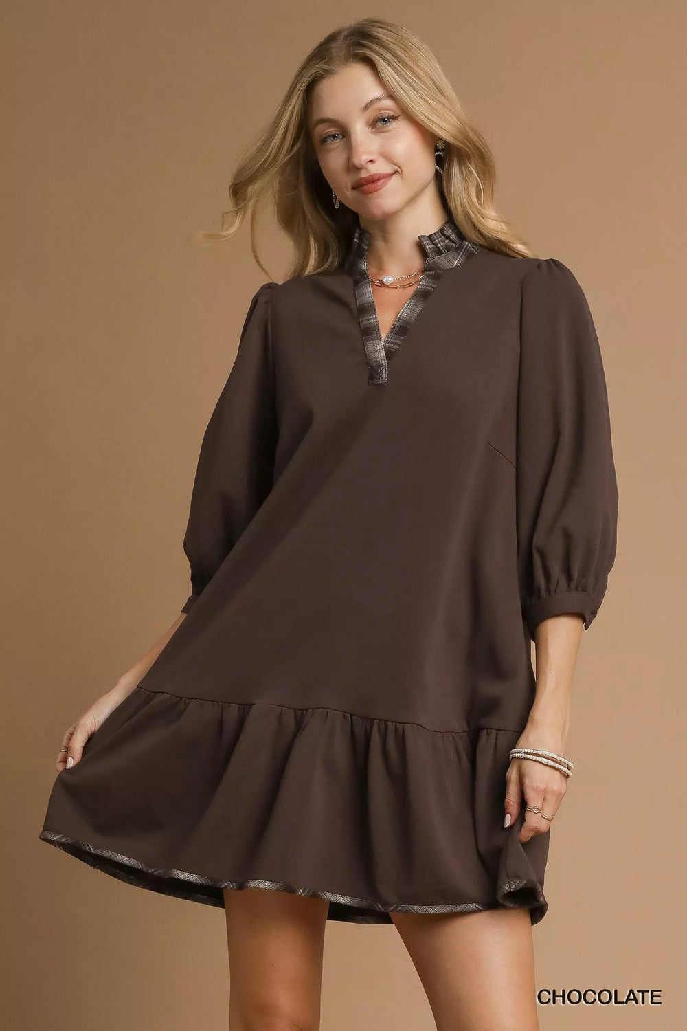 Umgee French Terry Ruffle Hem Dress with Plaid Trim