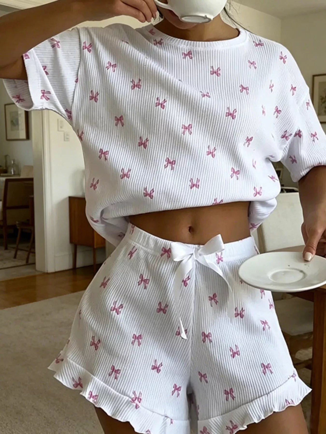 Ribbed Knit Bow Print Top and Shorts Lounge Set selected from Soft Loungewear for Soft Loungewear: Ease That Still Feels Put Together