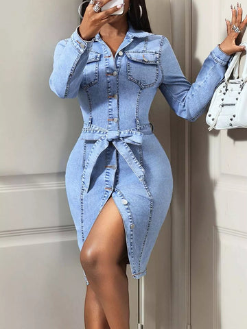 Button-Down Tie Waist Denim Dress