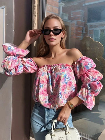 Printed Off Shoulder Flounce Sleeve Blouse