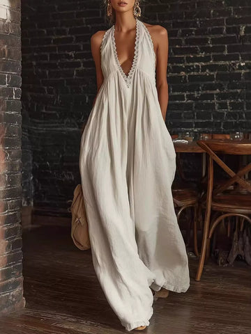 Halter Lace Trim Wide Leg Jumpsuit