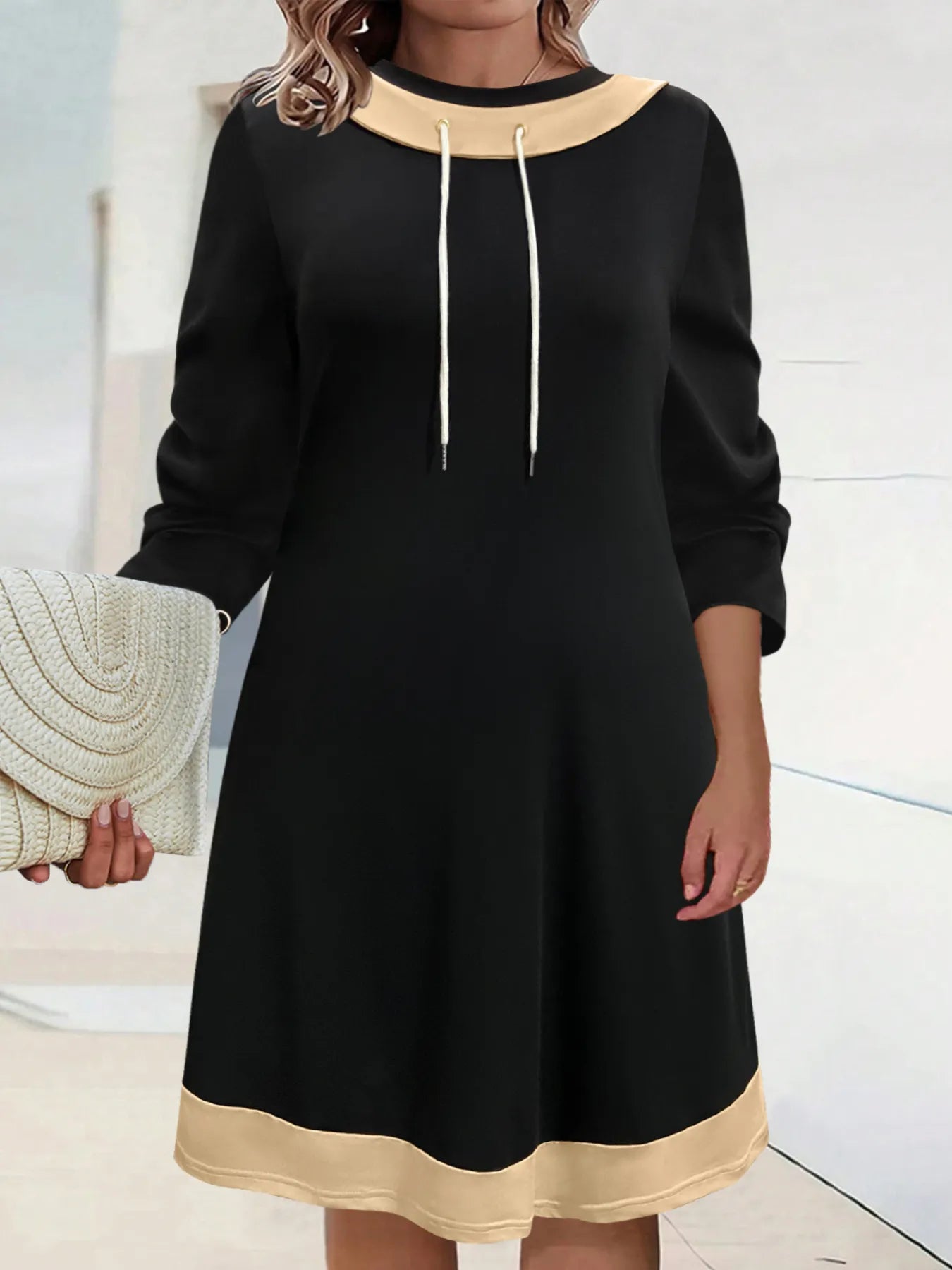 Plus Size Contrast Trim Drawstring Long Sleeve Mini Dress selected from Mini Dresses for Short Hem, Strong Mood: The Mini Dress Edit
