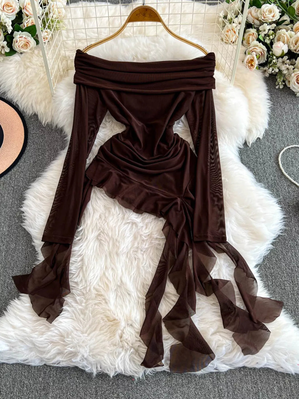 Off-Shoulder Ruffled Mesh Top