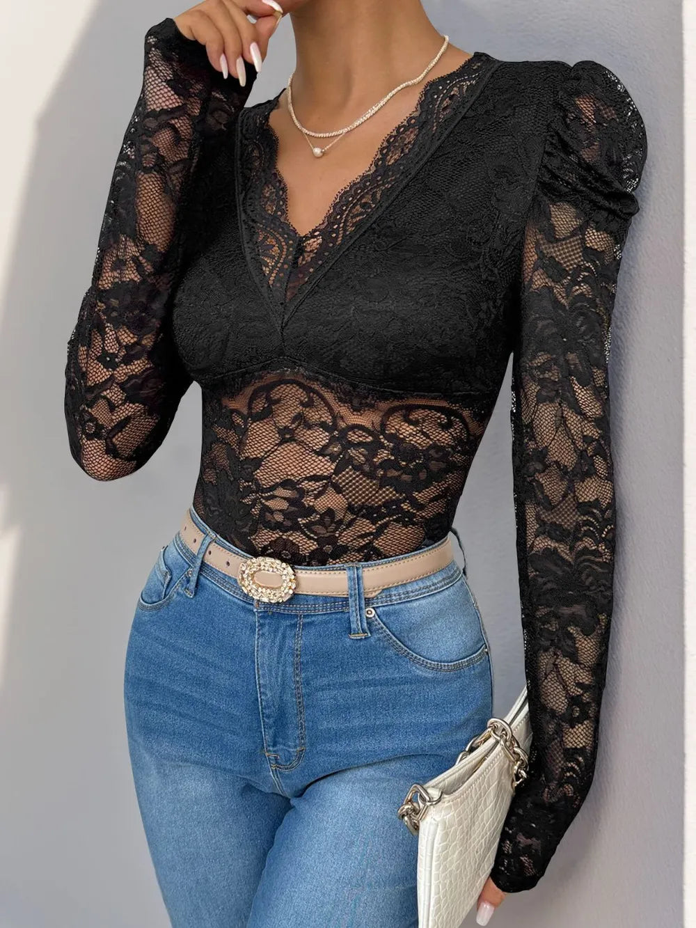 Perfee Lace V Neck Bodysuit