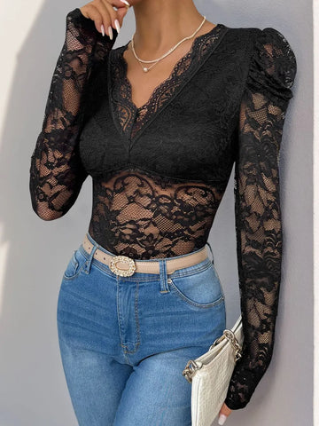 Perfee Lace V Neck Bodysuit