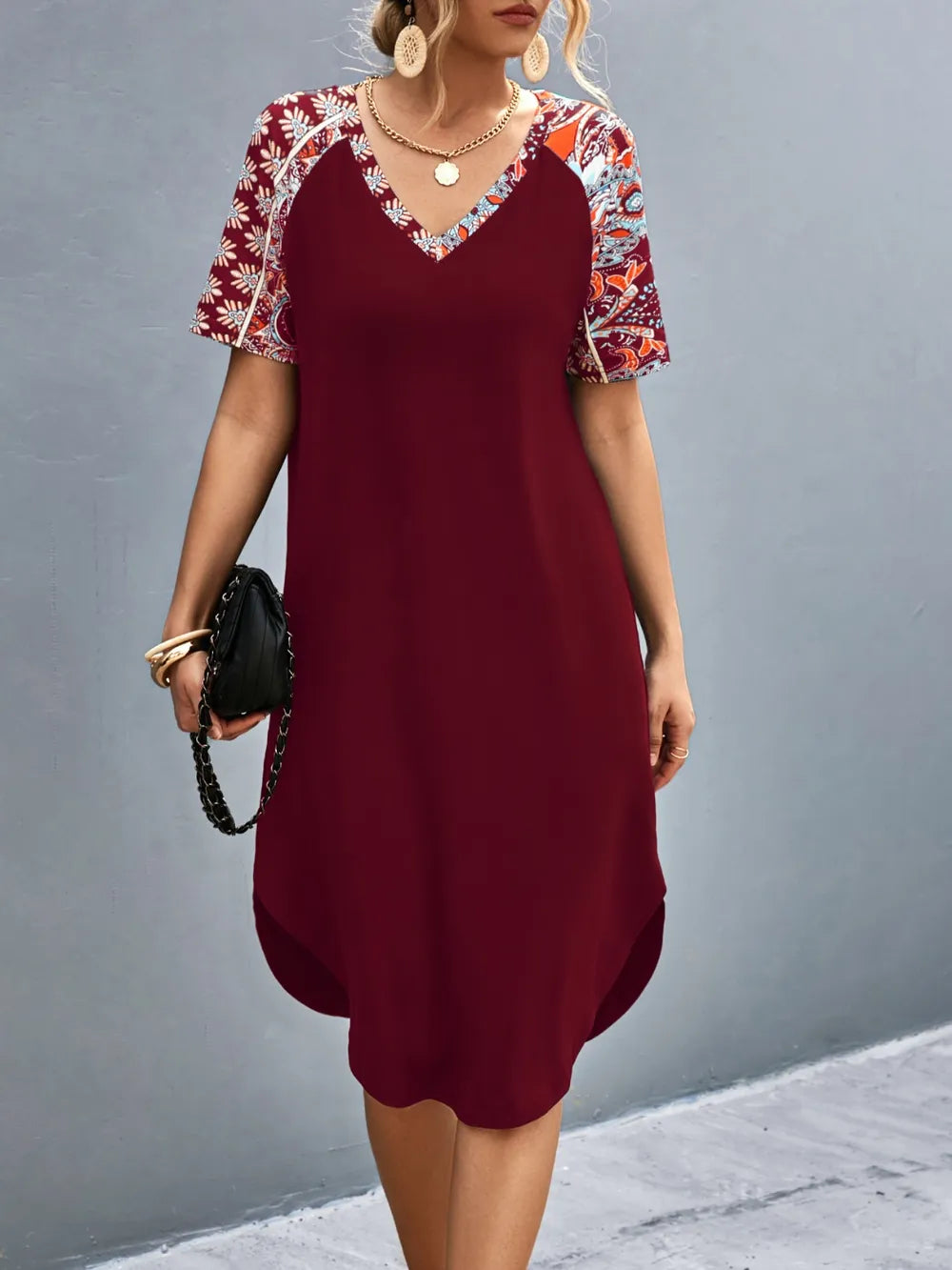 Printed V Neck Short Sleeve Dress