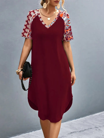 Printed V Neck Short Sleeve Dress