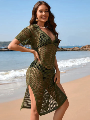 Slit Openwork Johnny Collar Short Sleeve Cover Up
